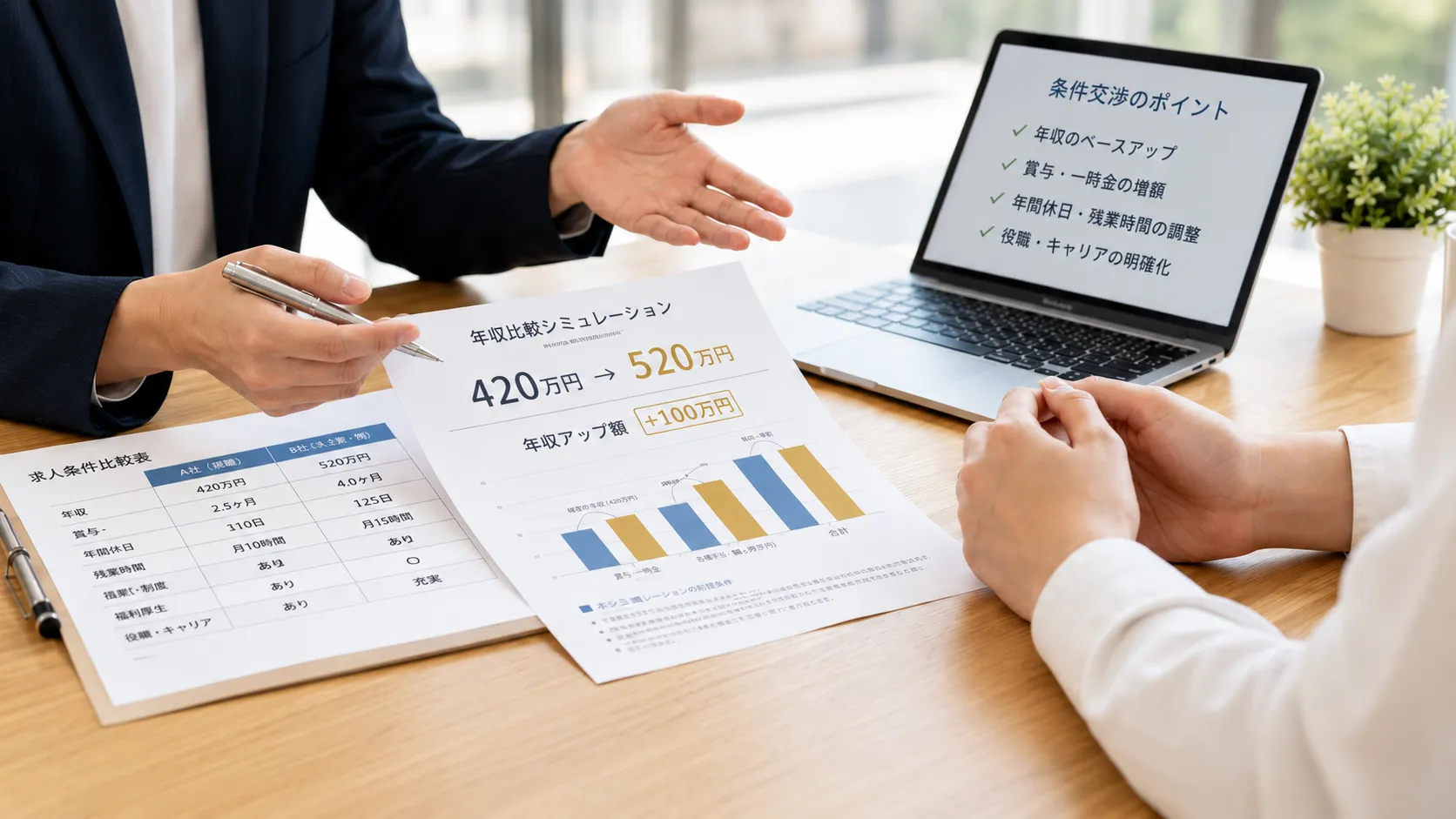 年収比較シミュレーション資料と条件交渉のポイントを説明しながら相談している様子