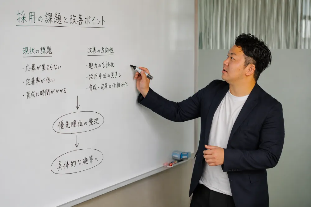 求人資料を確認しながら採用相談を行う様子